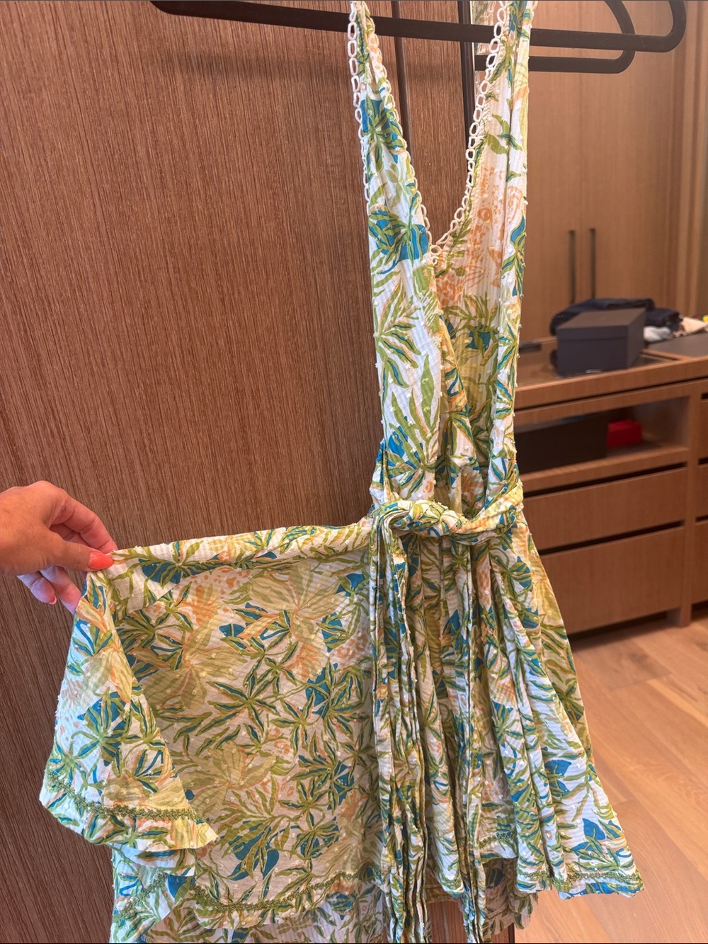 Poupette St. Barth Green and Blue Floral Mini Dress with Tie Waist